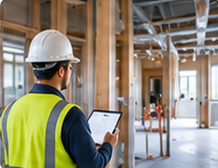 Inspector in hard hat reviewing a tablet on site