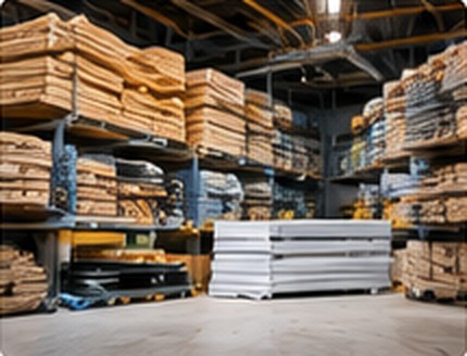 Warehouse racks stocked with lumber and materials