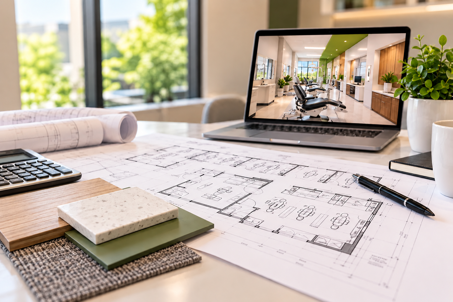 Blueprints, hard hat and pen on a planning desk