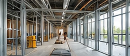 Commercial interior under construction with steel framing