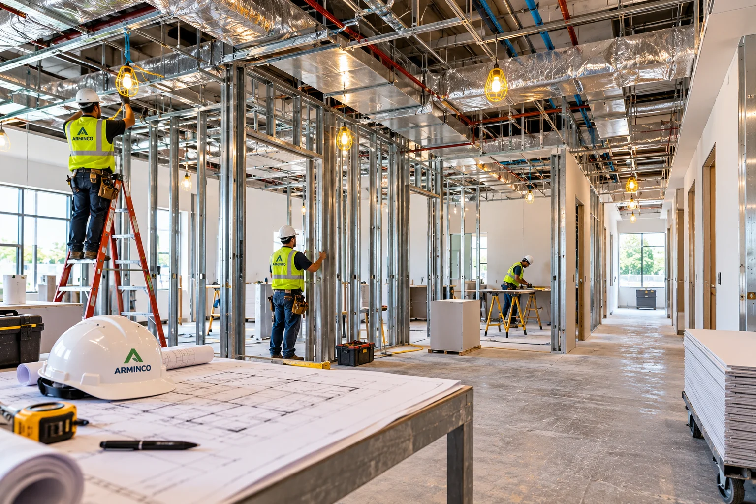 Interior framing in progress across an open floor
