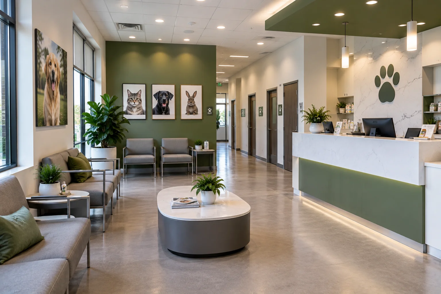 Completed lobby with reception desk and lighting