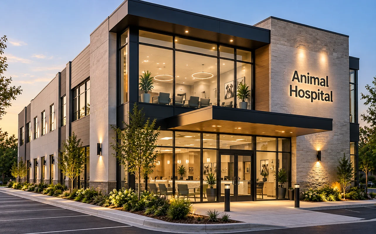 Building elevation with a glass curtain-wall tower and level markers